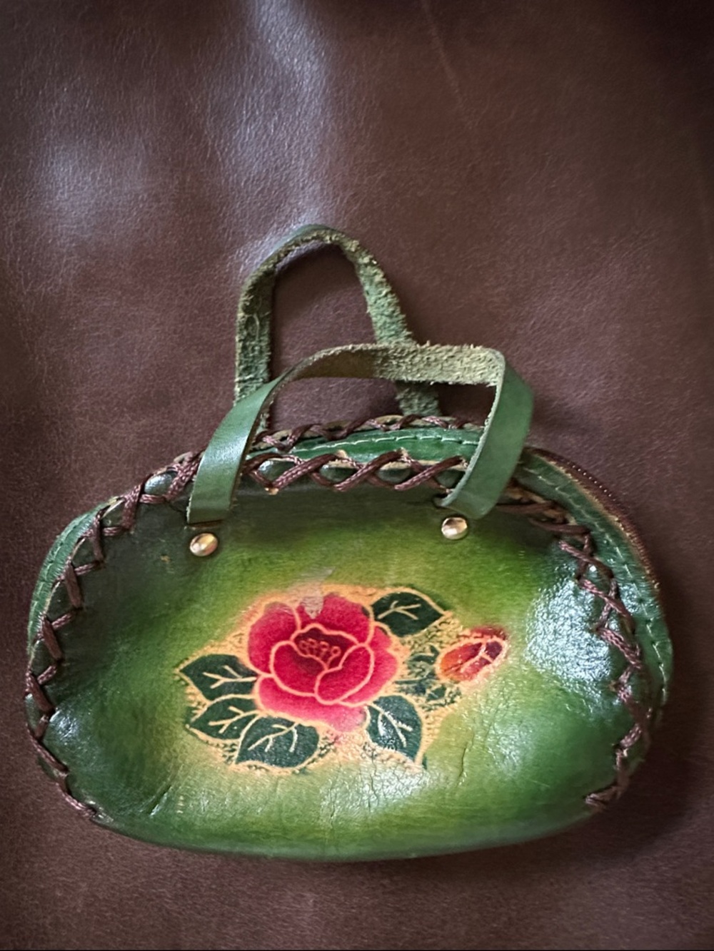 Green Leather Boho Floral Coin Purse